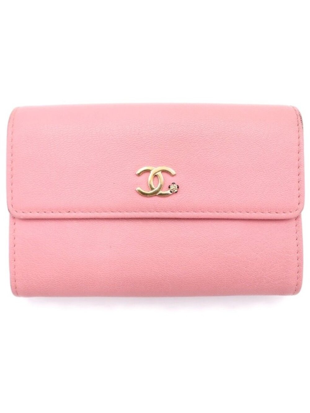 Chanel CC Logo Camellia Lambskin Flap Wallet Fold Pink
